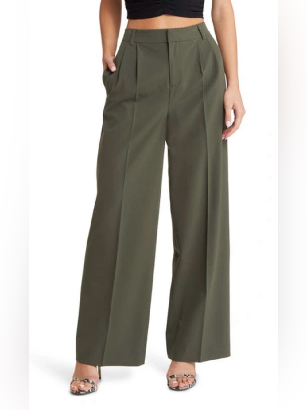 Open Edit Olive Green Wide Leg Trousers High Rise Pleated Pants Repreve XXS NWT